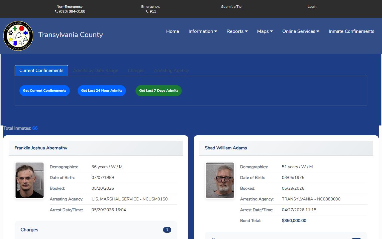 Transylvania County Citizen Connect Inmate Confinements roster tabs